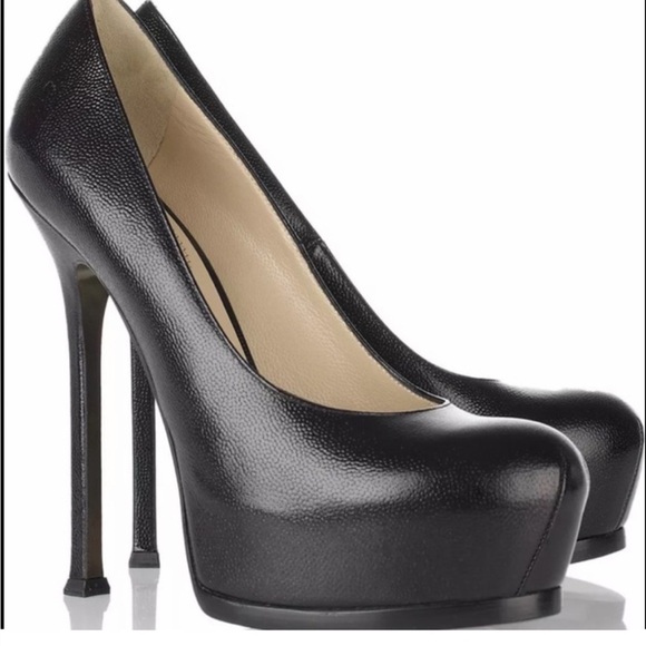 Yves SAINT LAURENT Tribtoo Stilleto Platform Pumps Black Pebbled Leather Size 37 - Picture 3 of 11
